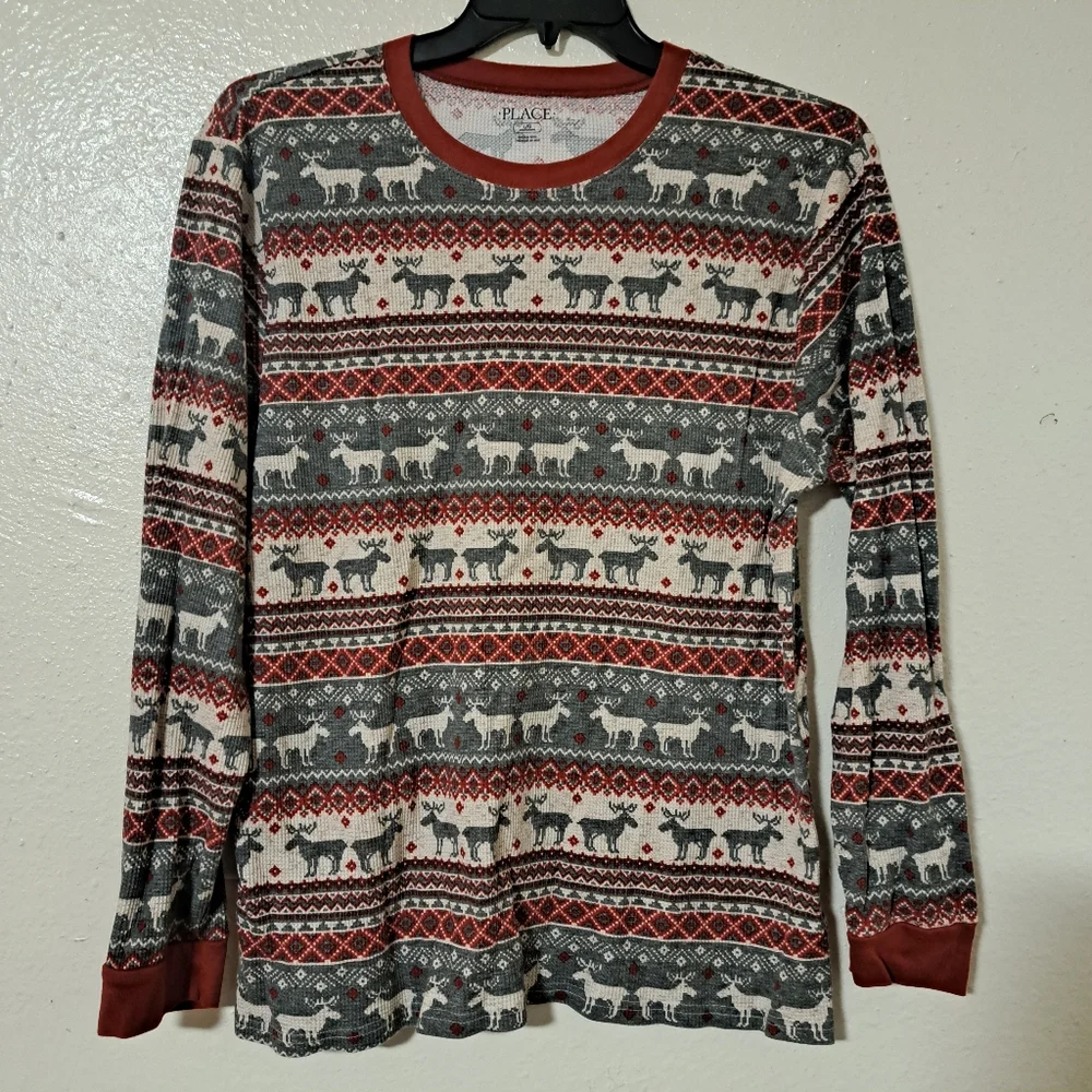 The Children's Place Boys Christmas Holiday Thermal‎ Moose Shirt Red Gray Large